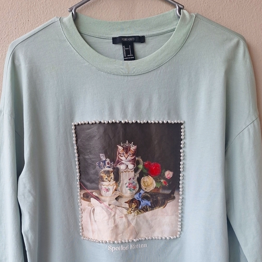 Forever 21 Green Light Spoiled Rotten Round Neck Cats Women's T-Shirt Size S - Picture 3 of 6